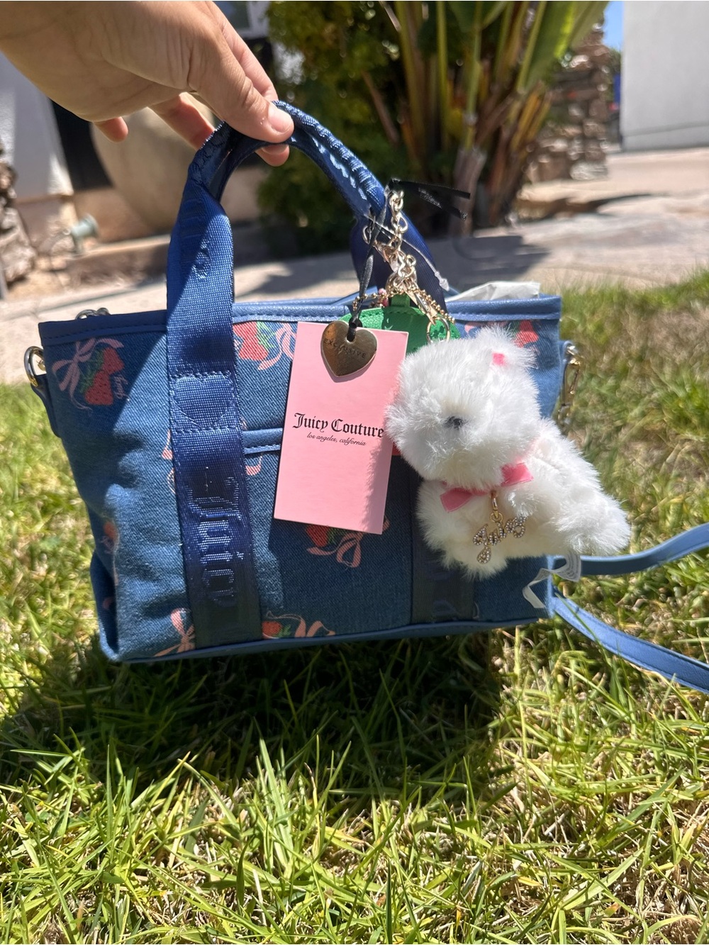 ✨Juicy Couture Blue Floral Canvas Mini Tote Bag with Plush Charm